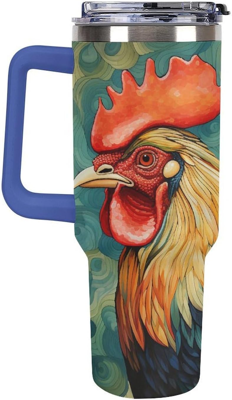 Chicken Art Travel Coffee Mug Reusable Durable Stainless Steel Insulated Tumbler with Handle And Straw Leak Resistant Portable Thermal Cup Gifts for Men Women 40 Oz