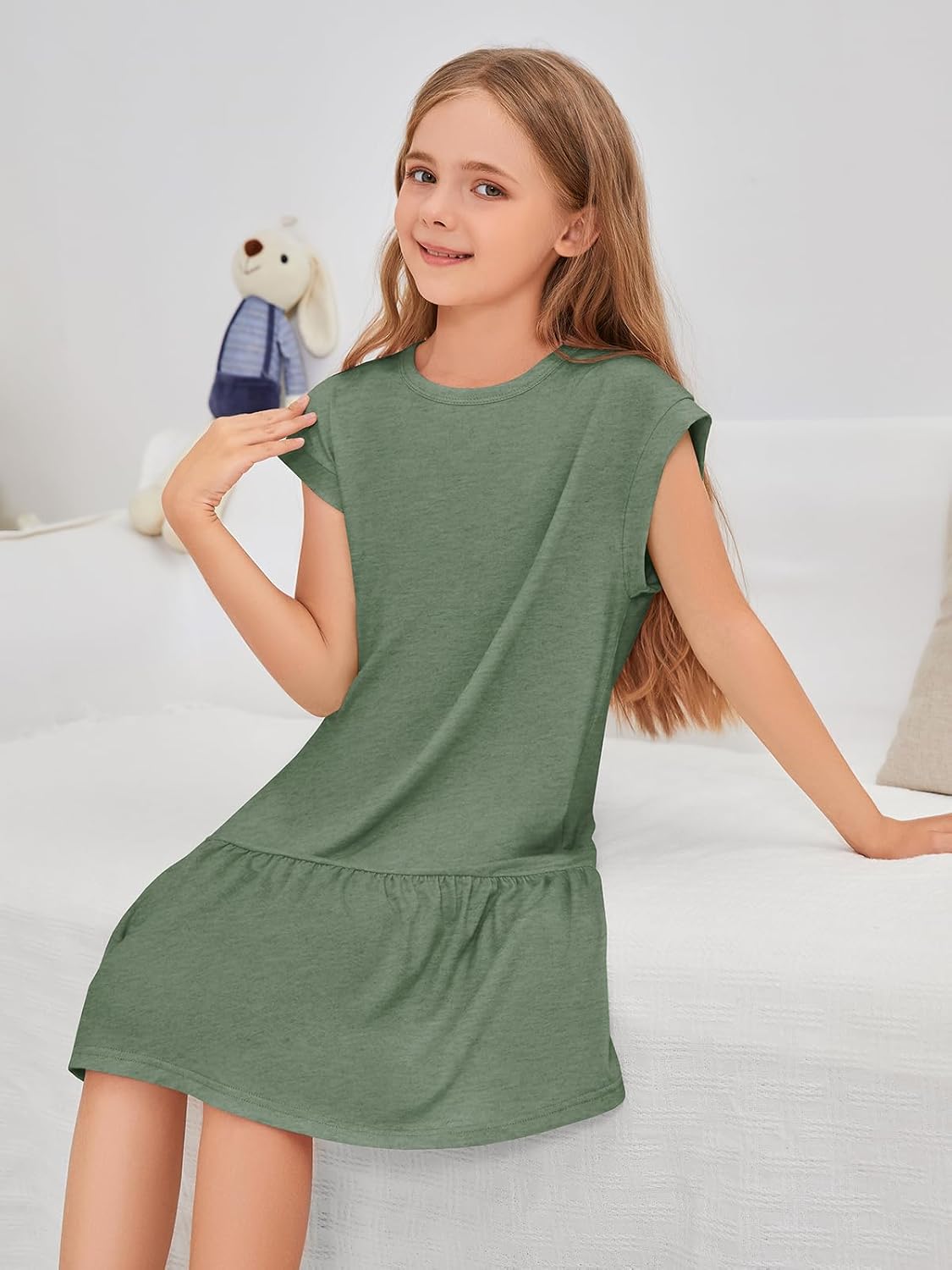 ZDC Girls Summer T Shirt Dress Casual Short Cap Sleeve Ruffle Hem Crewneck Loose Mini Dresses 5-14 Years