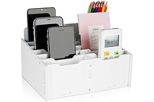 Cute Phone Holder Box: 12-Compartment Wooden Desktop Organizer, White