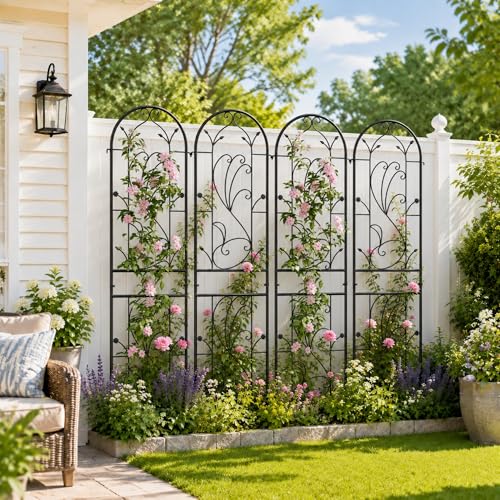 Ultym 4 Pack 87x20in Garden Trellises, Sunflower Black Metal Coated Rustproof Trellis for Climbing Plants Outdoor, Roses, Vegetables, Vines, Cucumbers