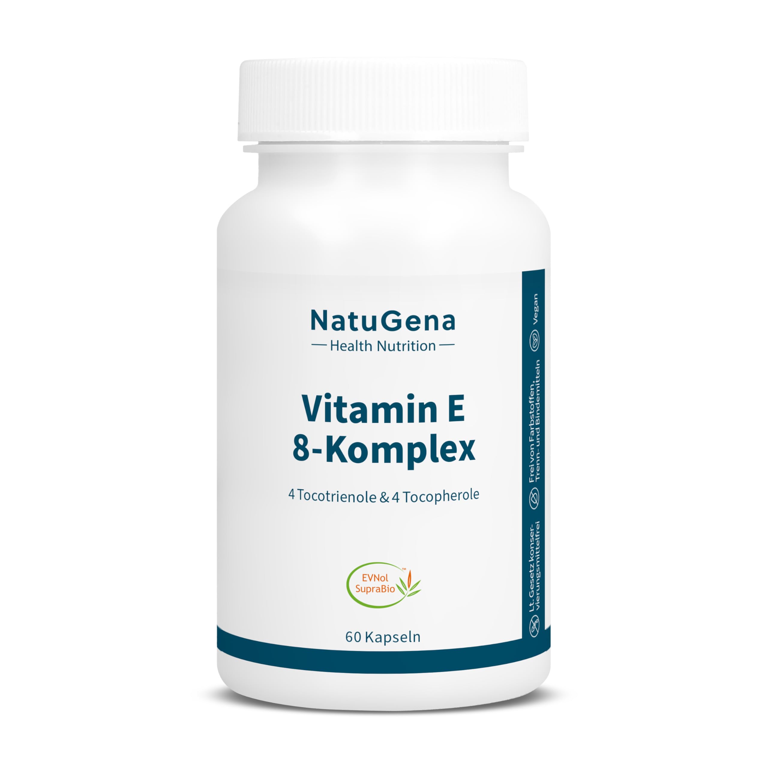 NatuGena Vitamin E 8-Komplex, 4 Tocotrienole, 4 Tocopherole, 8 Vitamin E-Verbinungnen, Nutrabiol T70, EVNol SupraBio, 60 Kapseln (60 Tage Packung)