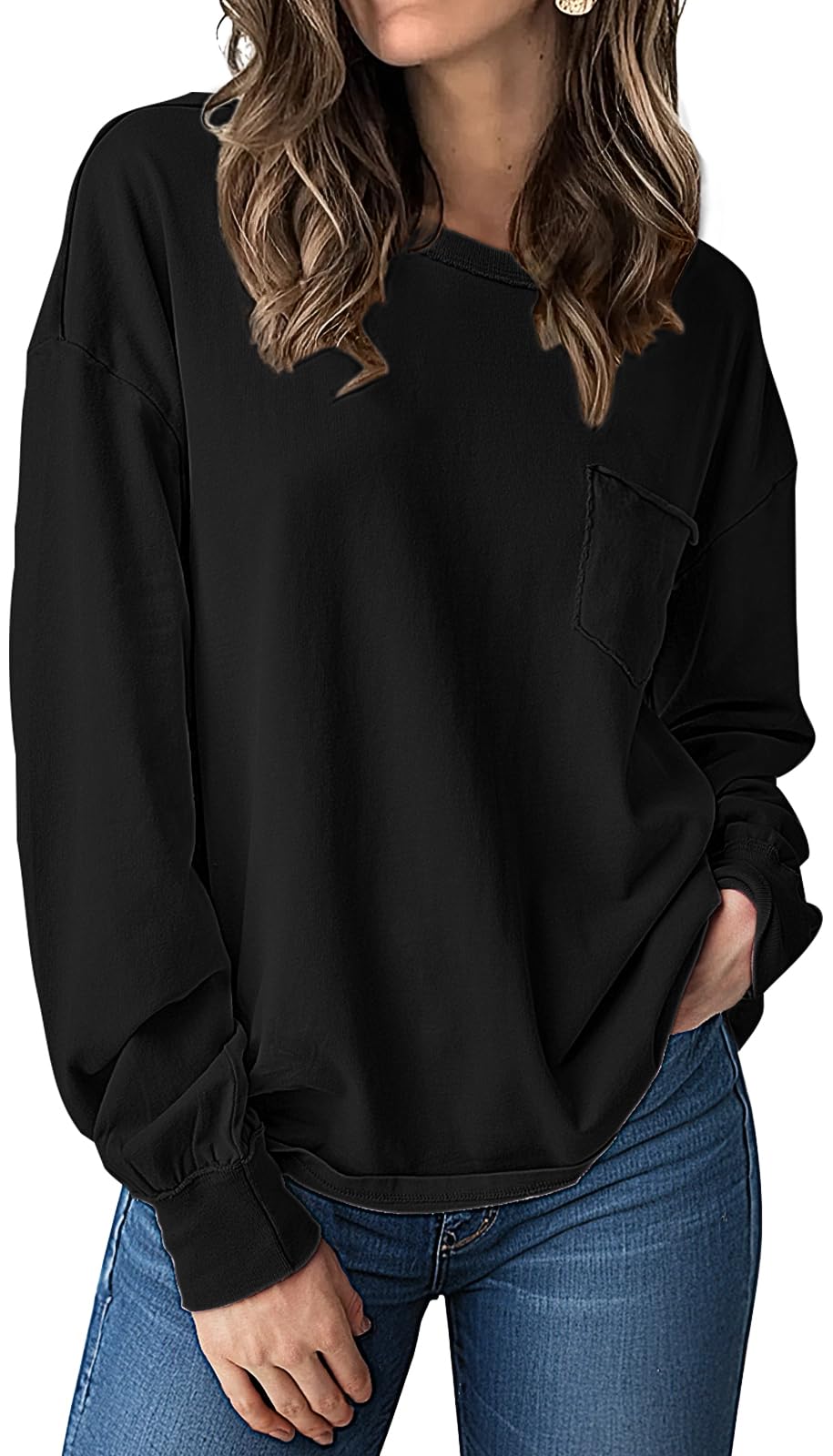 UEU Womens Long Sleeve Tops Crew Neck Casual Oversized Cotton Shirts Blouses Tshirt Tee 2024 Fall Trendy Clothes with Pockets