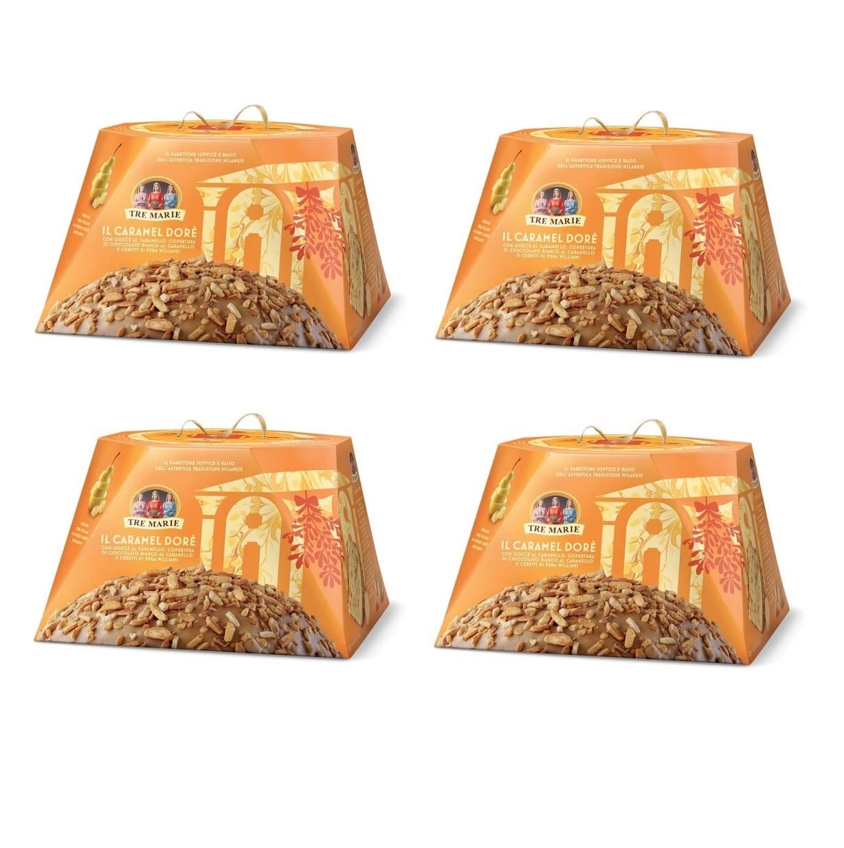 4x Tre Marie Panettone Caramel Dorè Weihnachtskuchen mit Karamell Drops und weichen Birnen Würfeln 900g