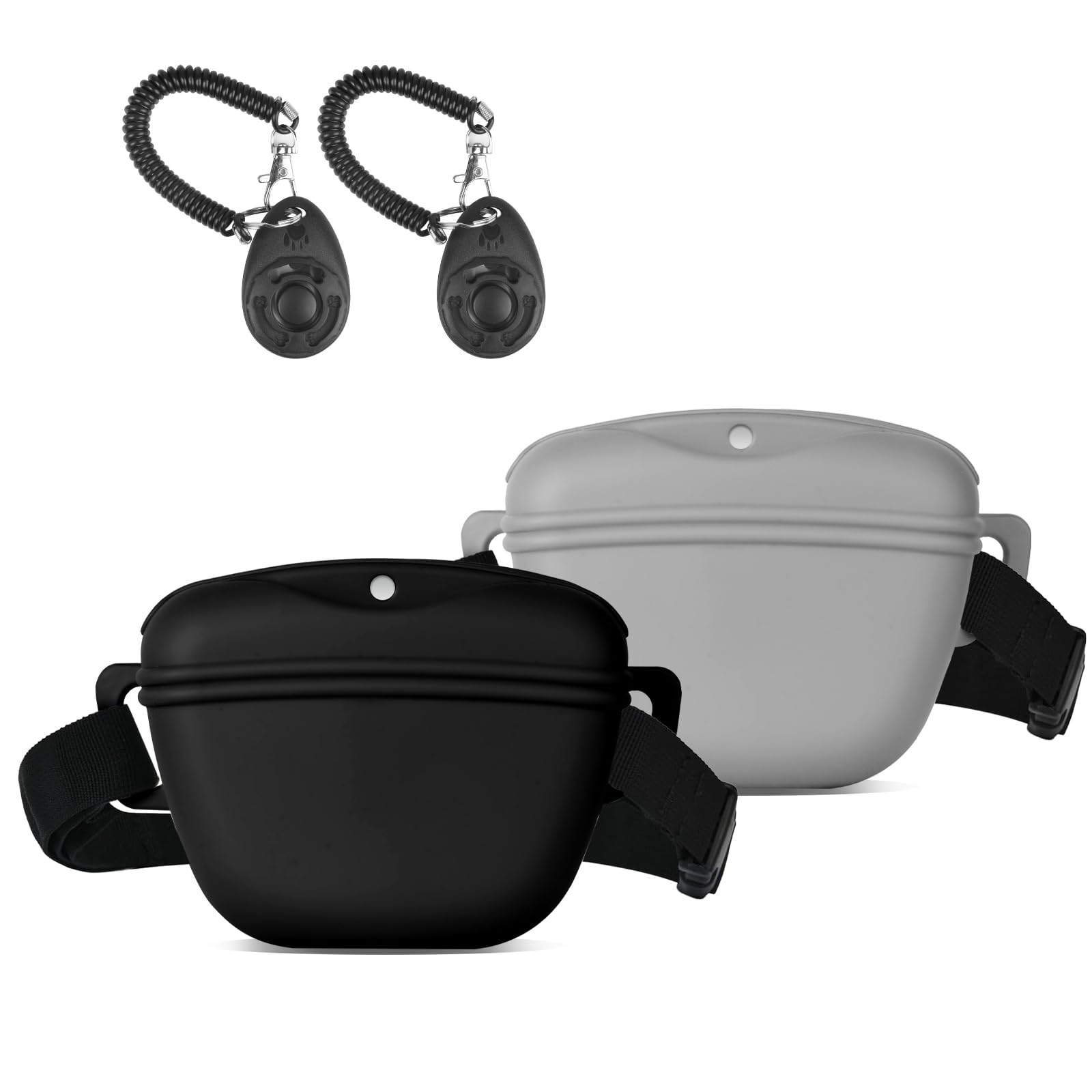 Aomig Silicone Premium Dog Treat Pouch Bag for Walking & Training, 2 PCS Dog Treat Pouch for Training with Clicker, Magnetic Closure Silicone Dog Food Bags, Portable Dog Training Container(Black+Gray)