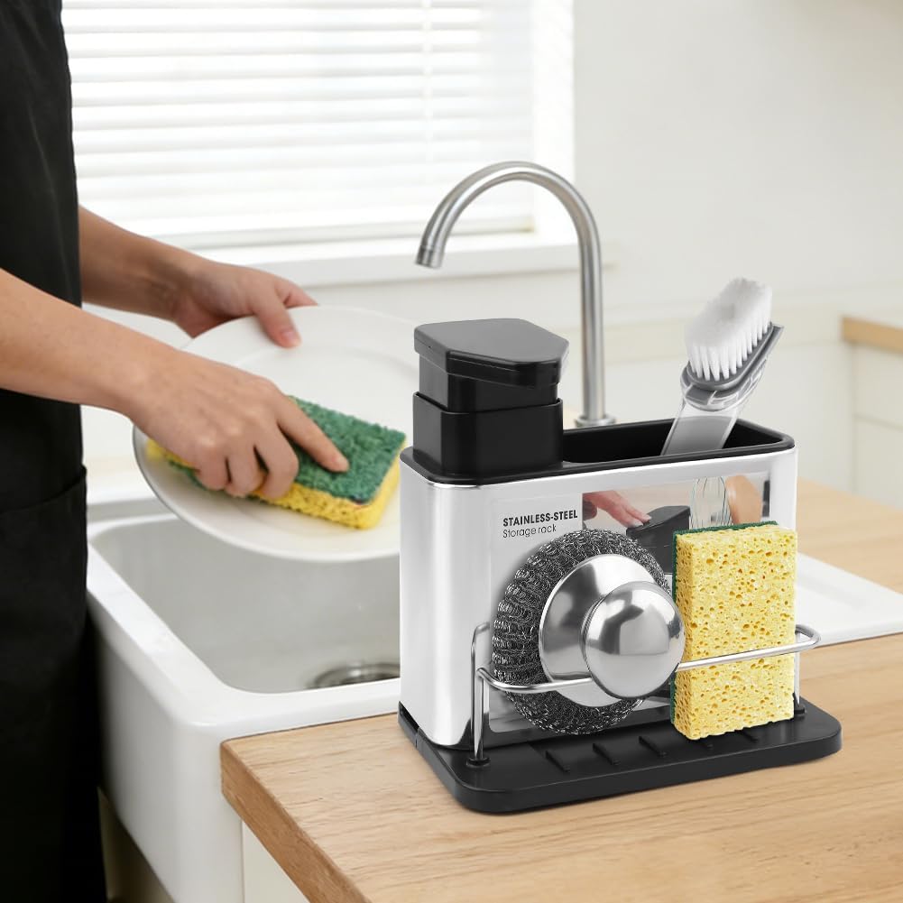 Dish Soap Dispenser for Kitchen Sink with 1 Steel Wool Scrubber, 3-in-1 Kitchen Soap Dispenser with Sponge Holder, Stainless Steel Dish Brush Scrubber and Sponge Holder(Silver)