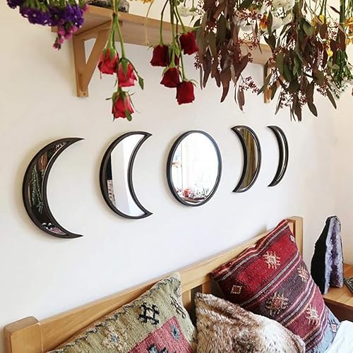 Keweis 5 Pieces Scandinavian Natural Decor Acrylic Wall Decorative Interior Design Wooden Moon Phase Mirror Bohemian Wall Decoration for Home Living Room Bedroom - Not Real Mirror(Black) - Black