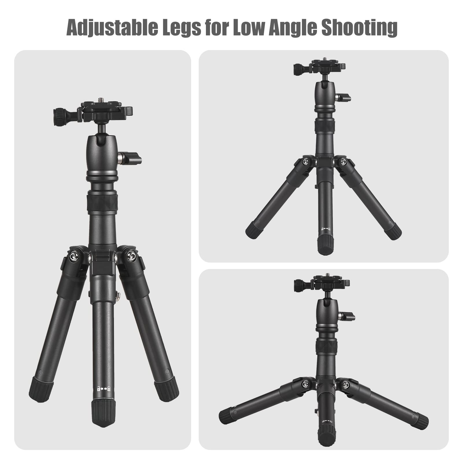 Treppiede da Tavolo Portatile in Lega di Alluminio Altezza 66 Cm Max.Carico 5 Kg con Testa a Sfera a 360° per Smartphone con Fotocamera DSLR 【Leggero e Facile da trasportare】