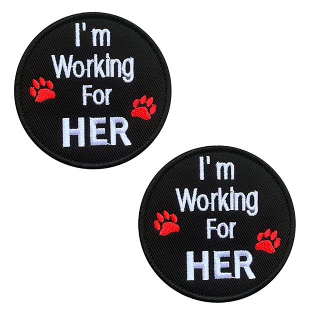 Parche divertido con texto en inglés "I Am Working for Her Service" bordado, con cierre de velcro para guías