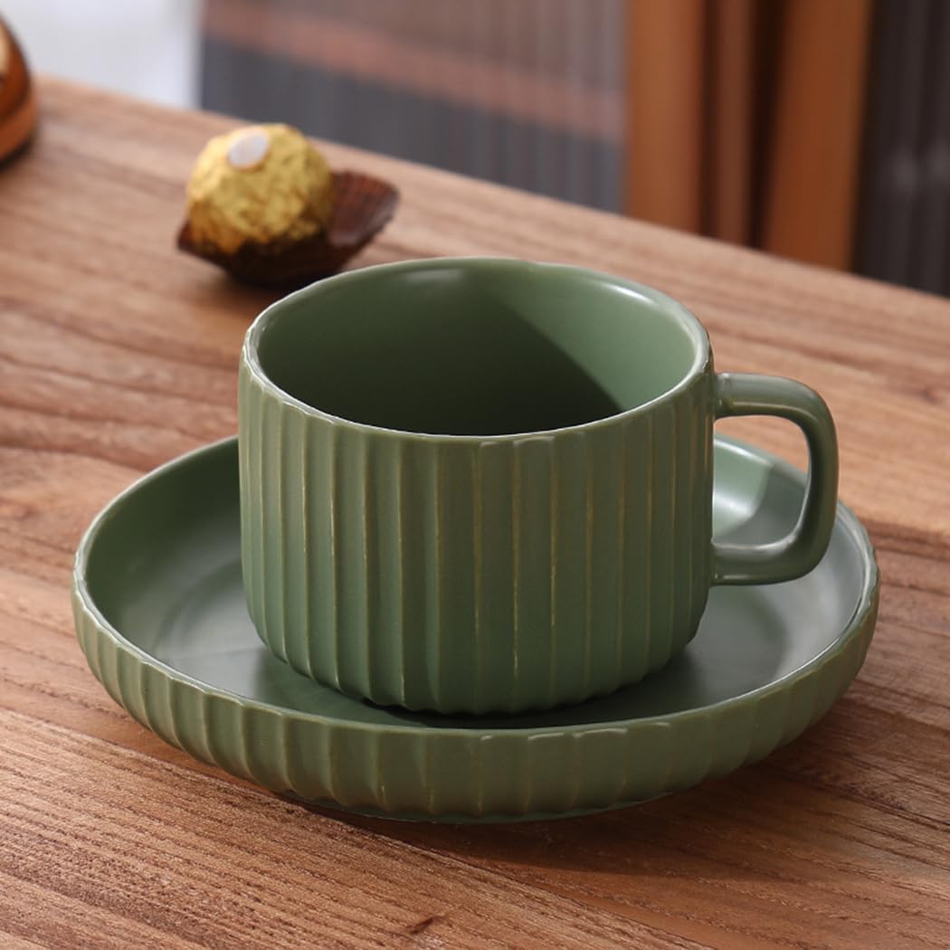 Ranvi Vintage Stripe Coffee Mugs Set, Ceramic Set with Saucer and Spoon(Green)