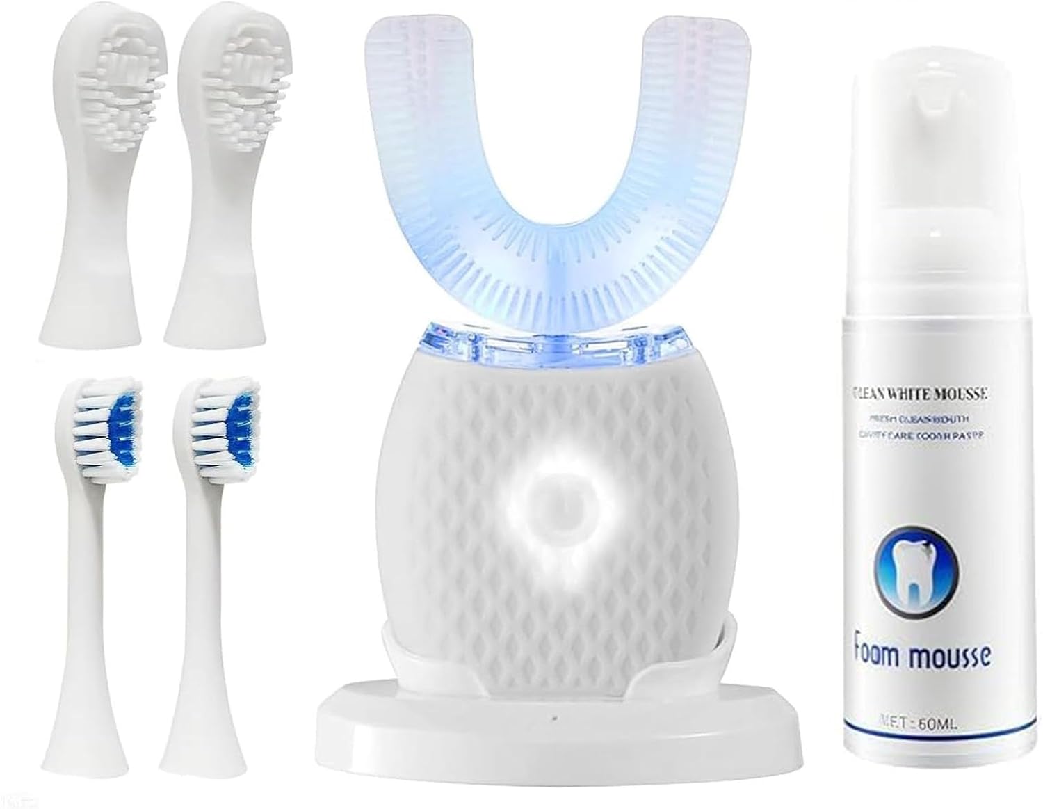 Adult U-Shaped Electric Toothbrush, Ultrasonic Cleaning with Foam Mousse, Hands-Free Design, 4 Brush Heads (White)