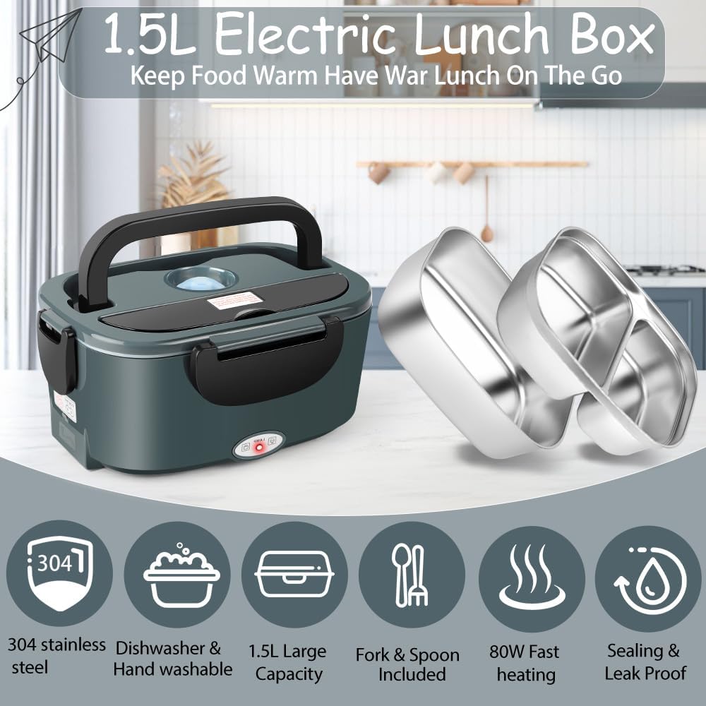 Electric Lunch Box for Adults - 1.5L Single/Double Layer Stainless Steel Food Warmer - 80W Fast PTC Heated Lunchbox, 12V/24V/110V Portable Food Heater for Car&Truck, Office, Camping, Travel(Gray) - Image 3