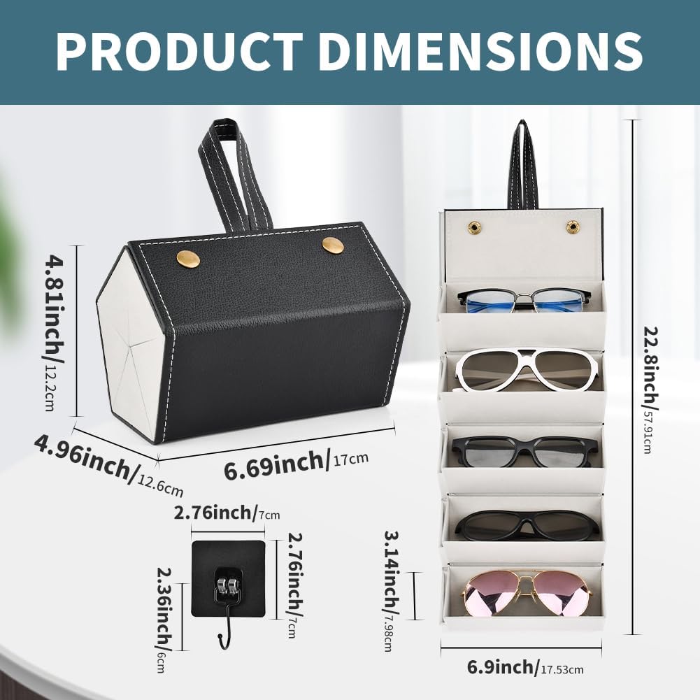 5 Slots Sunglasses Organizer With Hook, Sunglasses Travel Case, Eyeglasses Holder, Multiple Glasses Case for Women Men(COLOR:Black) - Image 2