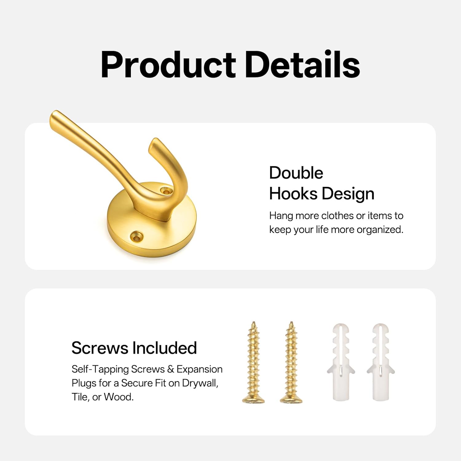 Liron Hardware 5 Pack Round Coat Hooks Wall Mounted Towel Hooks Shower Hooks for Bathroom Wall Hanging Heavy Duty Double Hook Gold