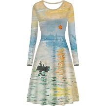 ENLACHIC Womens Vintage Van Gogh 3D Print Long Sleeve Casual Flared A Line Midi Dress Plus Size