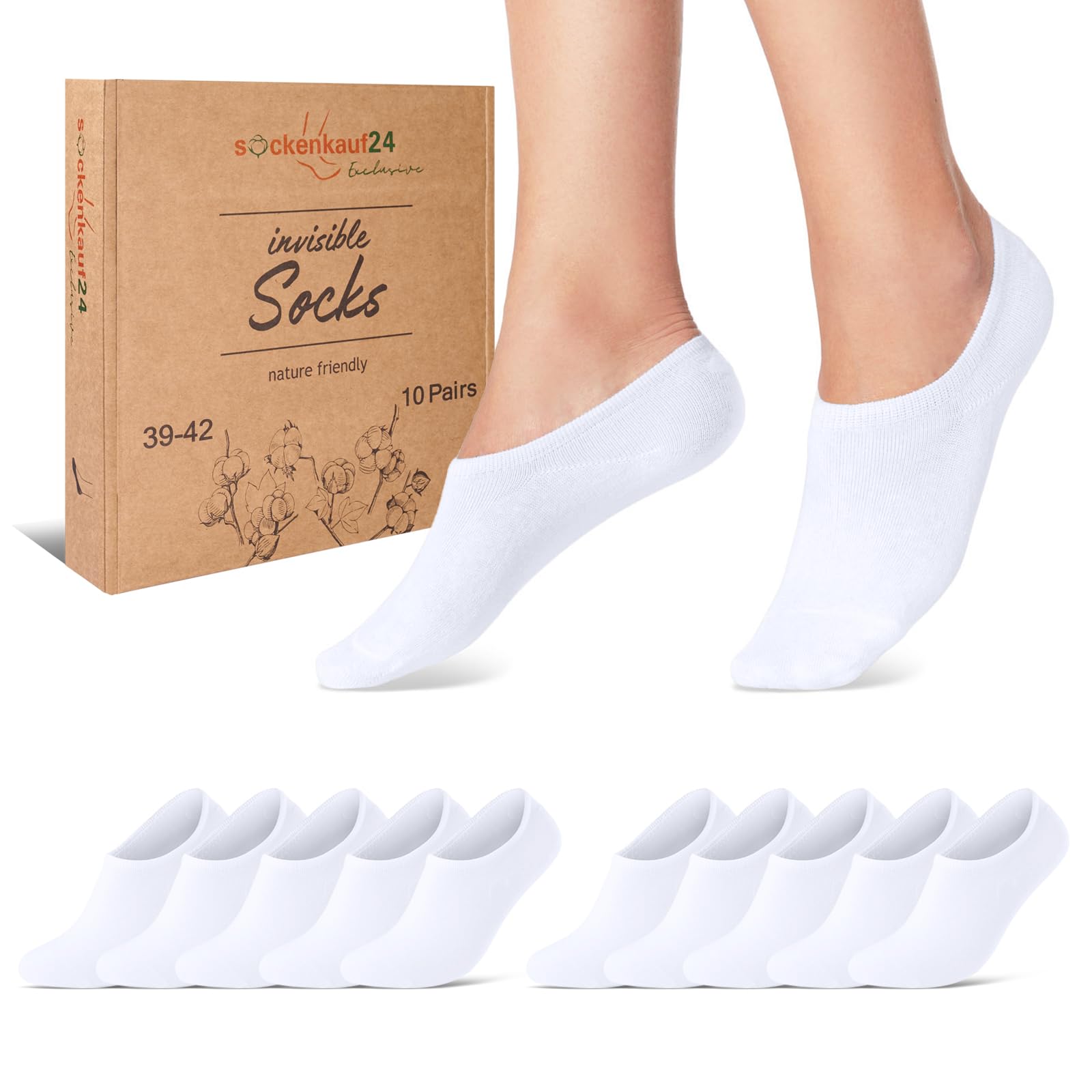 sockenkauf24 10 Pairs of Socks for Men and Women - Invisible Trainer Socks Made of Breathable Combed Cotton with Silicone Pad to Prevent Slipping