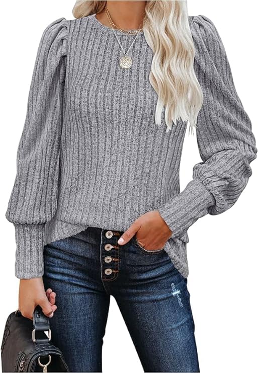 MIHOLL Women's Puff Long Sleeve Shirts Casual Knit Blouses Crew Neck Elegant Tunic Tops