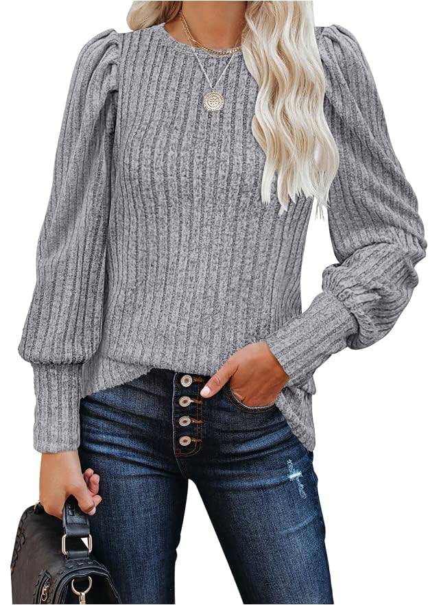 Image of MIHOLL Women's Puff Long Sleeve Shirts Casual Knit Blouses Crew Neck Elegant Tunic Tops