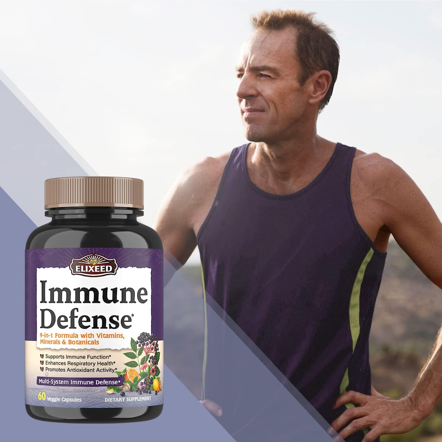 Elixeed Immune Defense, with VC VD3 Zinc Selenium Elderberry Echinacea Garlic Ginger Black Pepper, Highly Bioavailable Formula, Support Immune Health, Provide Antioxidant Benefits, Non-GMO, 60 Caps