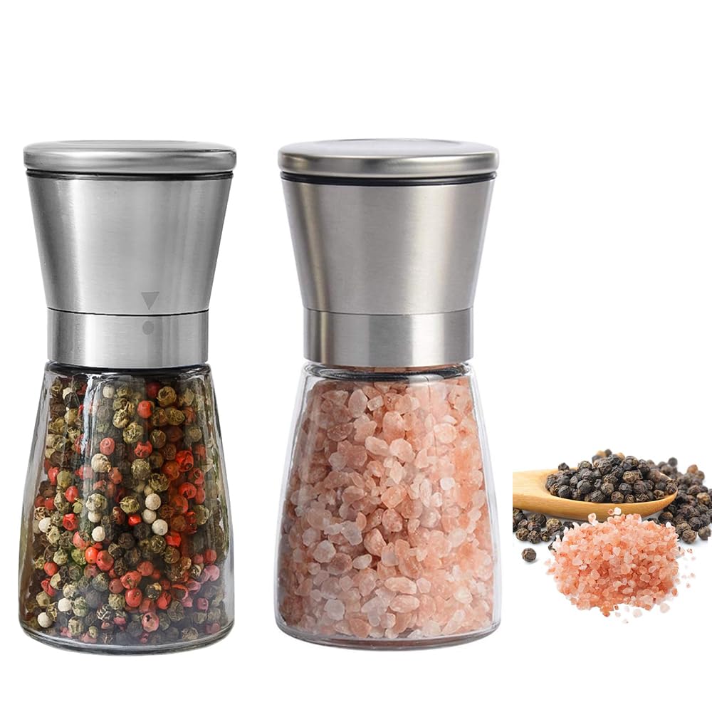 Salt and Pepper Grinder - Stainless Steel Refillable Salt & Peppercorn Shakers ，Food Grade Stainless Steel Glass Bottle Shakers Adjustable Coarseness - Salt & Pepper Mills w/Lids (2 Pcs ，Short) ﻿