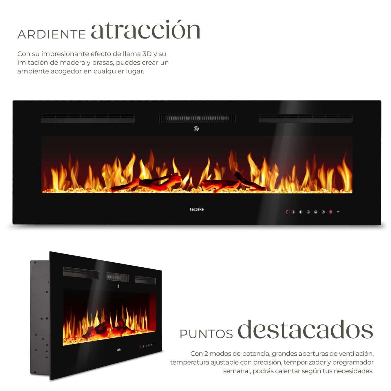 tectake® Chimenea Electrica Decorativa con Efecto Llama 3D, 2 Niveles de Calefacción, Control Remoto, Chimenea Eléctrica con Termostato Integrado, Protección Sobrecalentamiento - 12 x 127 x 43 cm