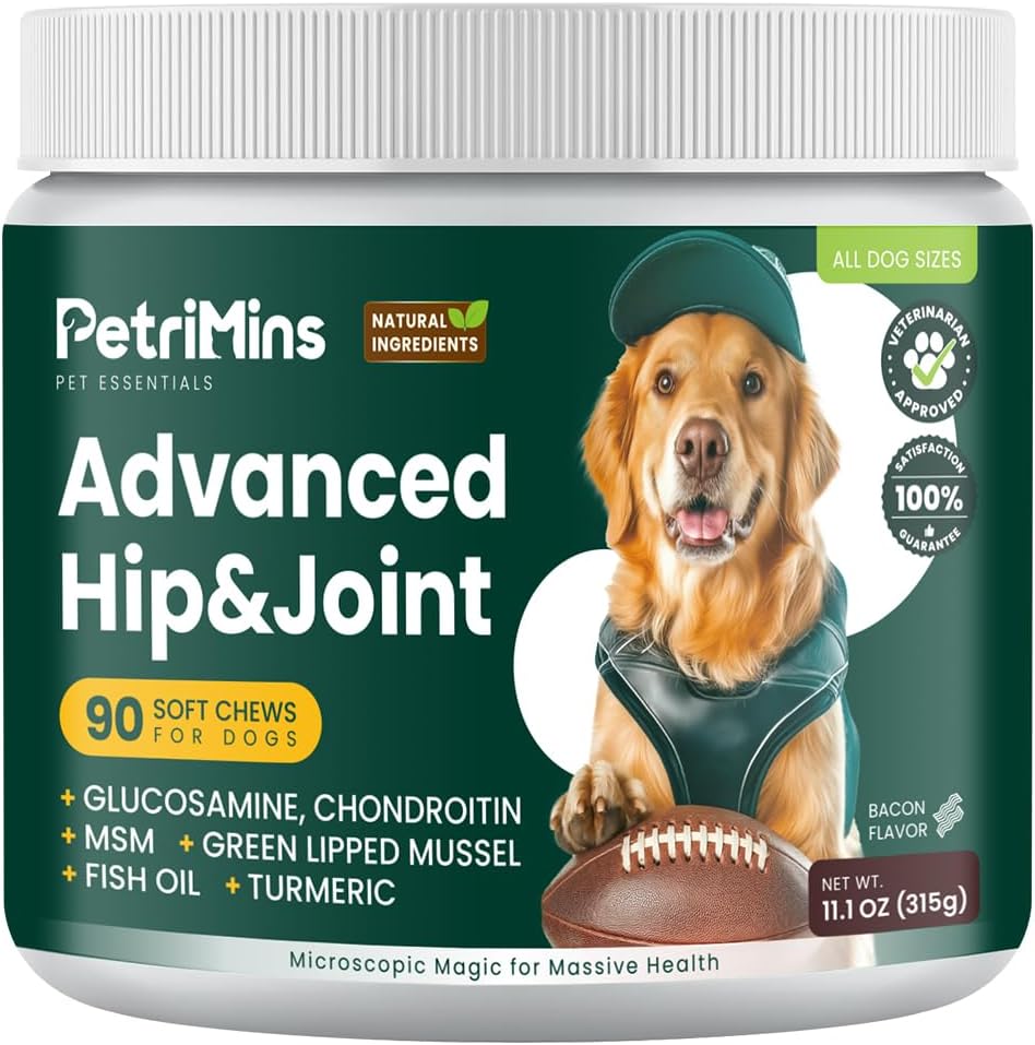 Advanced Hip & Joint Supplement for Dogs with Glucosamine and Chondroitin, for Dogs Glucosamine, Organic Turmeric, Egg Shell Membrane, Green Lipped Mussel, 90-Count, Bacon