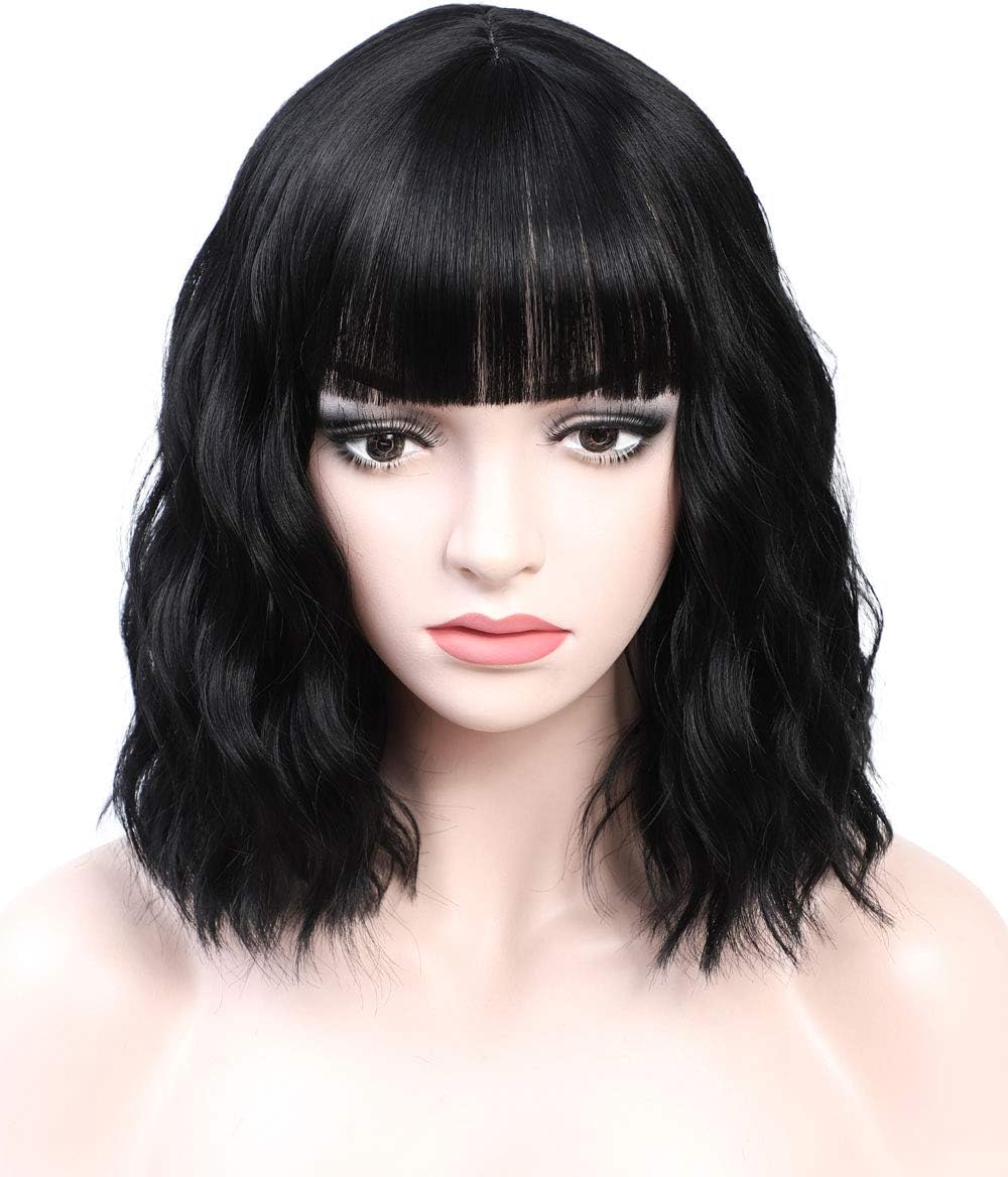 Benemge Black Wavy Wig with Bangs Medium Shoulder Length 12.5 inches Synthetic Halloween Party Wigs