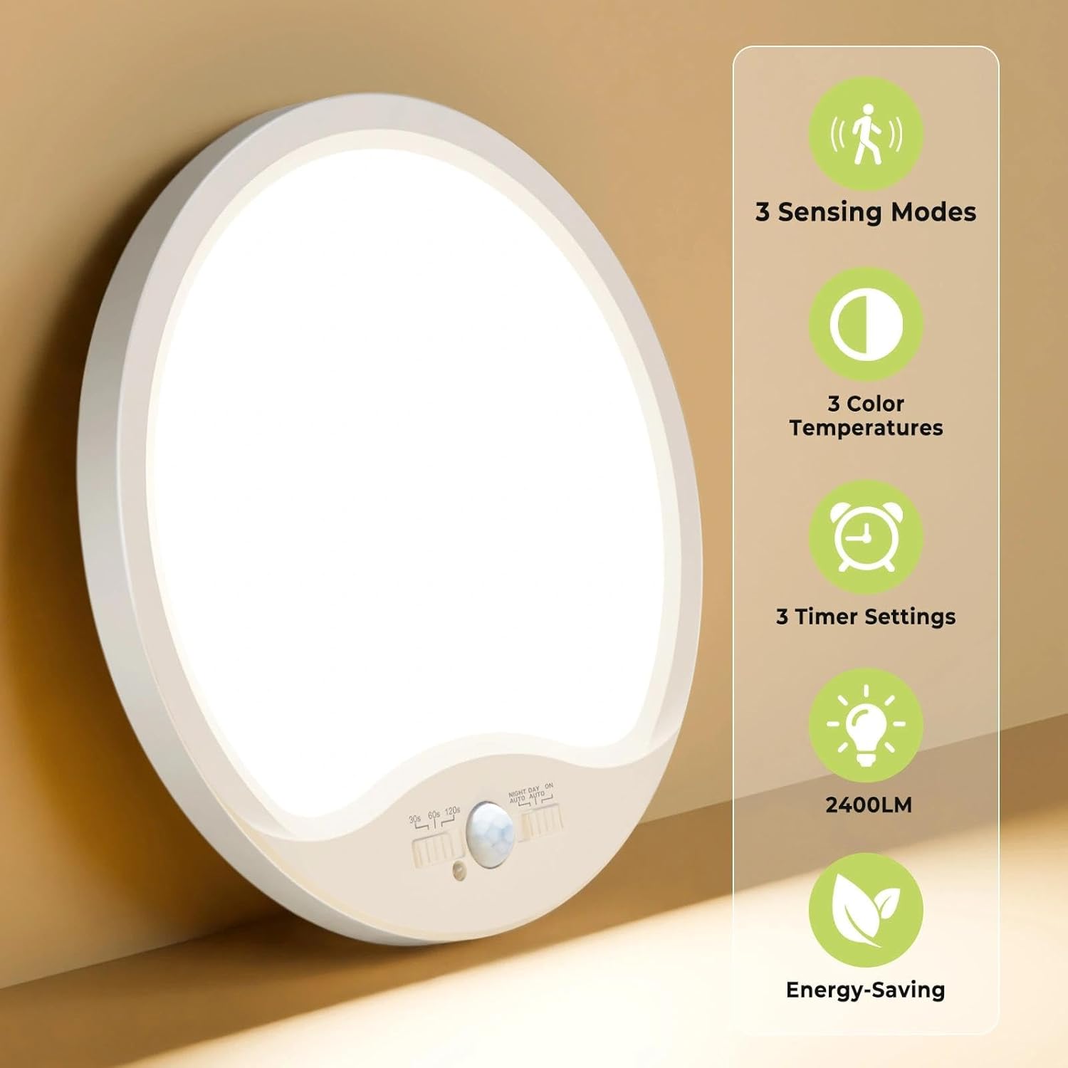 hepside 2 Pack Motion Sensor Ceiling Light Wired, 3000K/4000K/6500K LED Flush Mount Ceiling Light Fixture, 12Inch 24W Motion Sensor Light with Timer for Closet Stair Porch Hallway Pantry,White