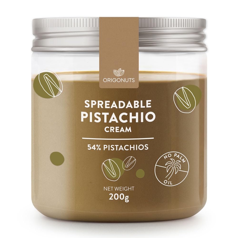 ORIGONUTS, Pate de Pistache 54% Pistaches, Creme Pistache - Base pour Gâteau, Creme, Dessertes, Glace, Patisserie, Chocolat Dubai - Sans Colorants, Sans Huile de Palme - 200 g