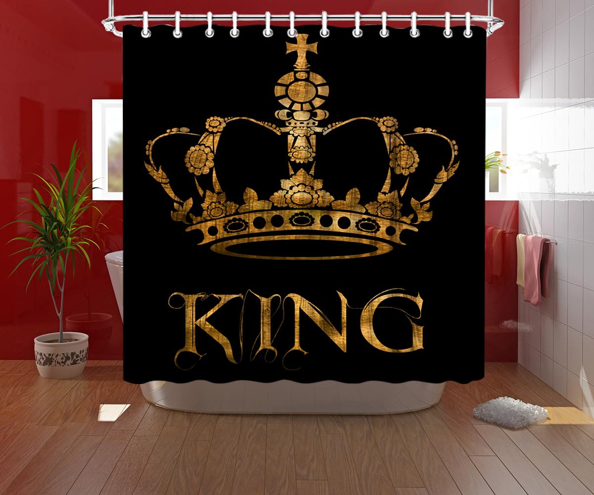 Rideau De Douche Tissu Noir Avec Couronne Dorée Et Lettre King - 183x183 Cm - Déco Salle De Bain Royale - Crochets Inclus