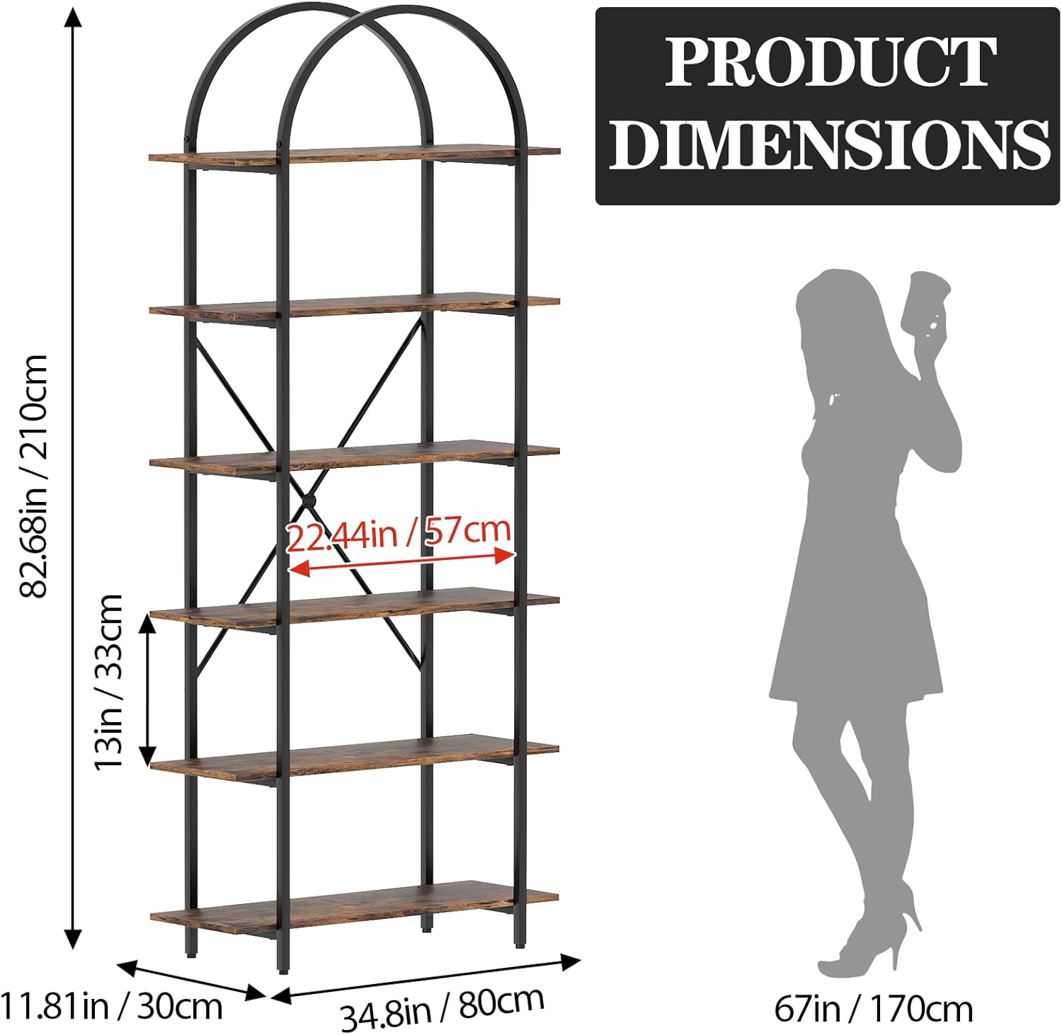 6 Tier Bookshelf, 83" Tall Arched Bookcase, Tall Book Shelf with Metal Frame, Industrial Display Standing Shelf for Living Room, Home Office, Bedroom, Brown