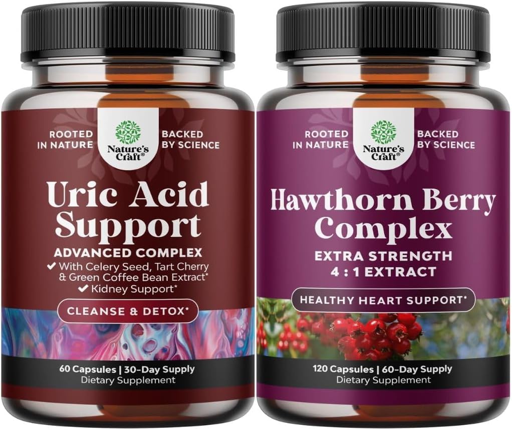Bundle of Uric Acid Cleanse and Detox Capsules - Turmeric, Tart Cherry & Celery Seed Supplement for Men and Women and High Strength Hawthorn Berry Capsules - Pure Antioxidant Hawthorn Berry Supplement