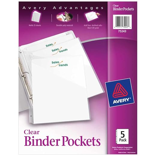 Avery Binder Pockets for 3 Ring Binders, Clear, for 8.5" x 11" Documents, Acid-Free and Archival-Safe, 5 Binder Folders Total (75243)