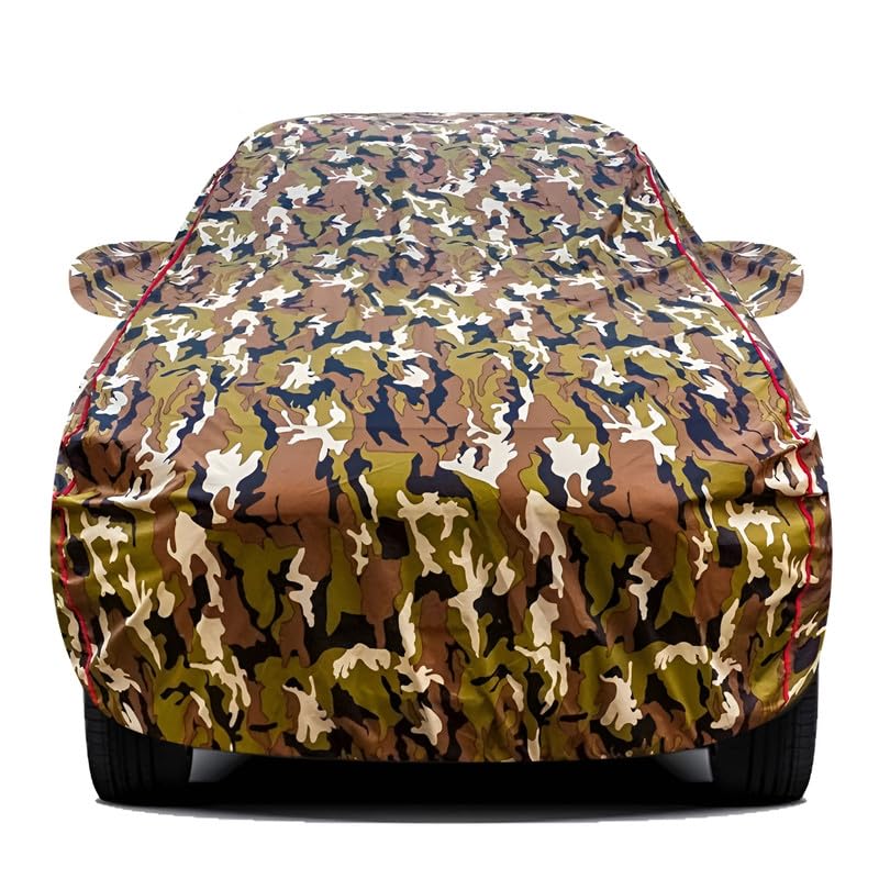 Slamio 100% Waterproof Car Body Cover for Volvo S-90 with Mirror Pocket, Soft Cotton Lining, Triple Stitched, Full Bottom Elastic (Heat Resistant Jungle Print with Red Piping)