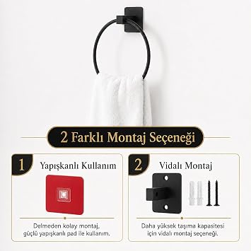 Siyah Kare Yuvarlak Havluluk, Yapışkanlı ve Vidalı Montajlı Duvara Monte Halka Havlu Askısı, Mat Siyah Banyo Aksesuarı