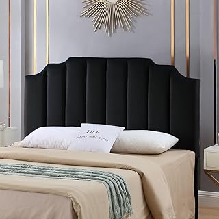 24KF Black Velvet Tufted Queen Upholstered Headboard, Modern Vertical Ch...