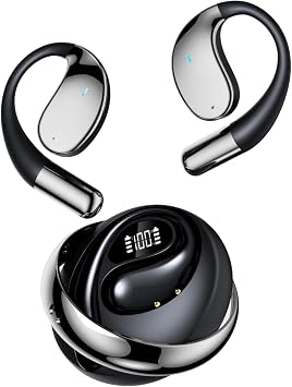 Souroyea Open Ear Earbuds, Wireless Bluetooth Headphones, Deep Bass Earphone, LED Power Display with Mic for iPhone Android Phone, Over Ear Headset for Fitness Sports Workout, Black