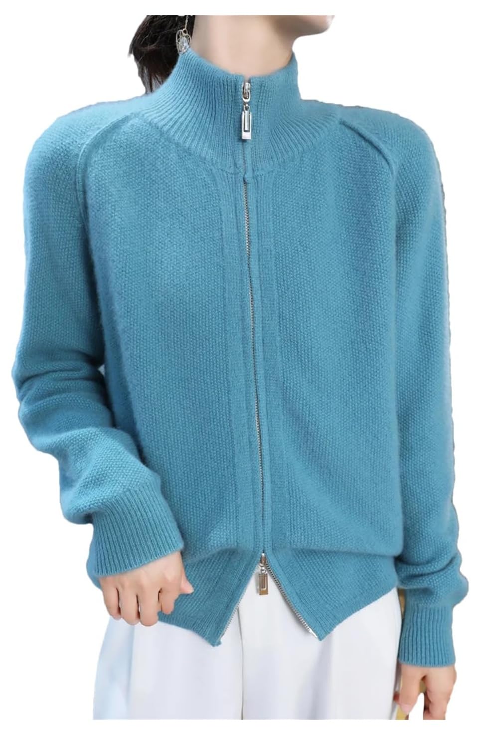 Womens Cashmere Cardigan Thick Zippered Long Sleeve Sweater Top