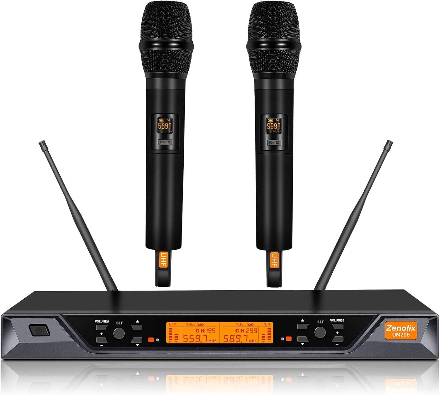 UM206 2 Channel Wireless Microphone System with Dynamic Mics, 200ft Range, UHF Frequencies, Dual Wireless Handheld Mics for Karaoke, Singing, DJ, Stage, Church and Recording