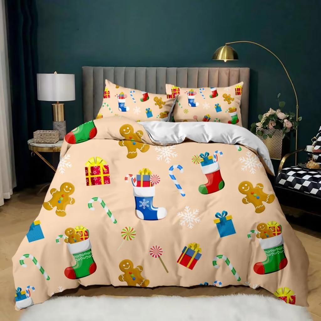 Housse de couette Noël pain d'épice 260x240 cm beige avec taies d'oreiller pour lit enfant