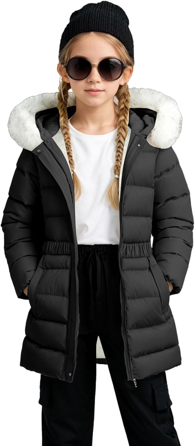 Girls' Lightweight Jacket Thicken Thermal Warm Hooded Winter Outerwear Zipper Long Pockets Down Coats for Cold