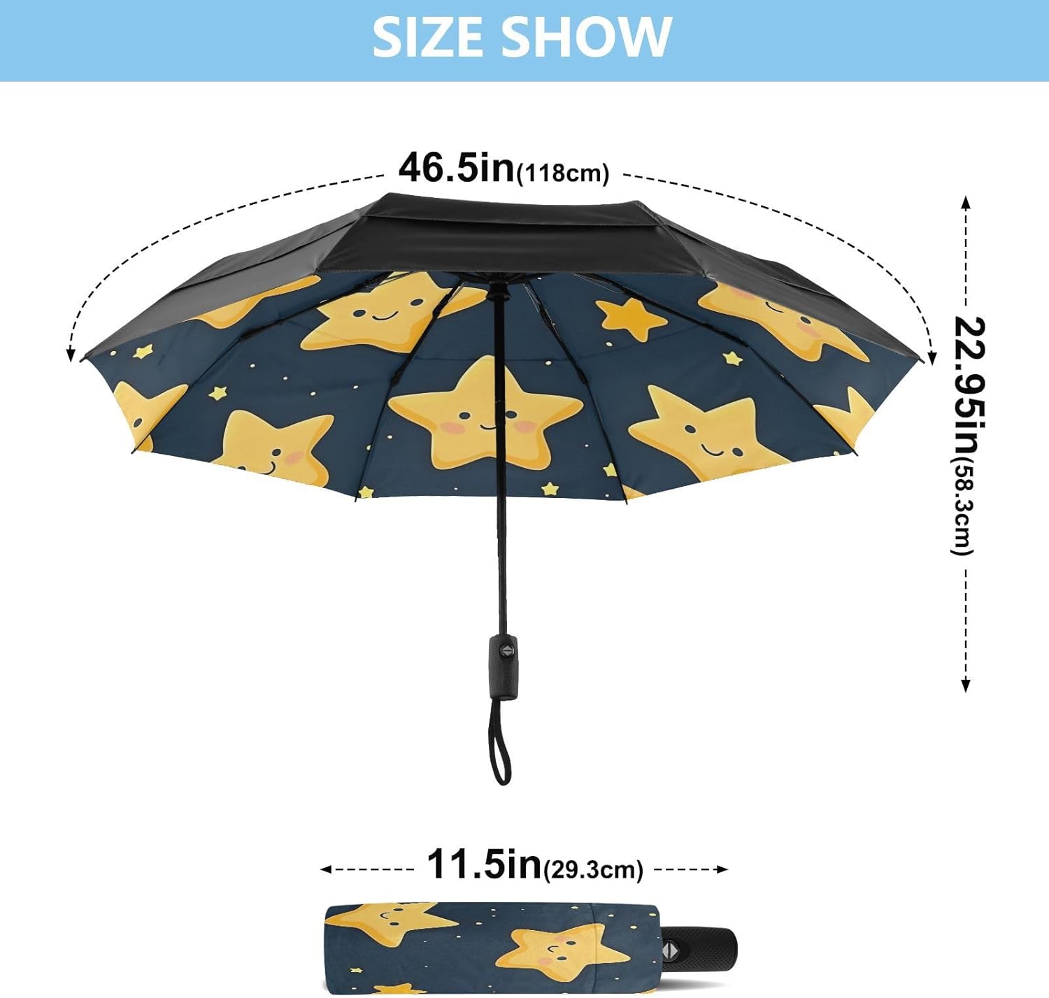 Cute Yellow Star with A Smiley Face Windproof Folding Travel Umbrella Compact Lightweight and Strongest Automatic Foldings Umbrellas for Rain and Sun with Cover Bag for Men and Women 21221059