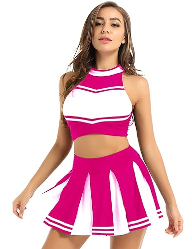 CHICTRY Women Adult Cheer Leader Uniform Cheerleading Dress Outfit Crop Top with Pleated Mini Skirt