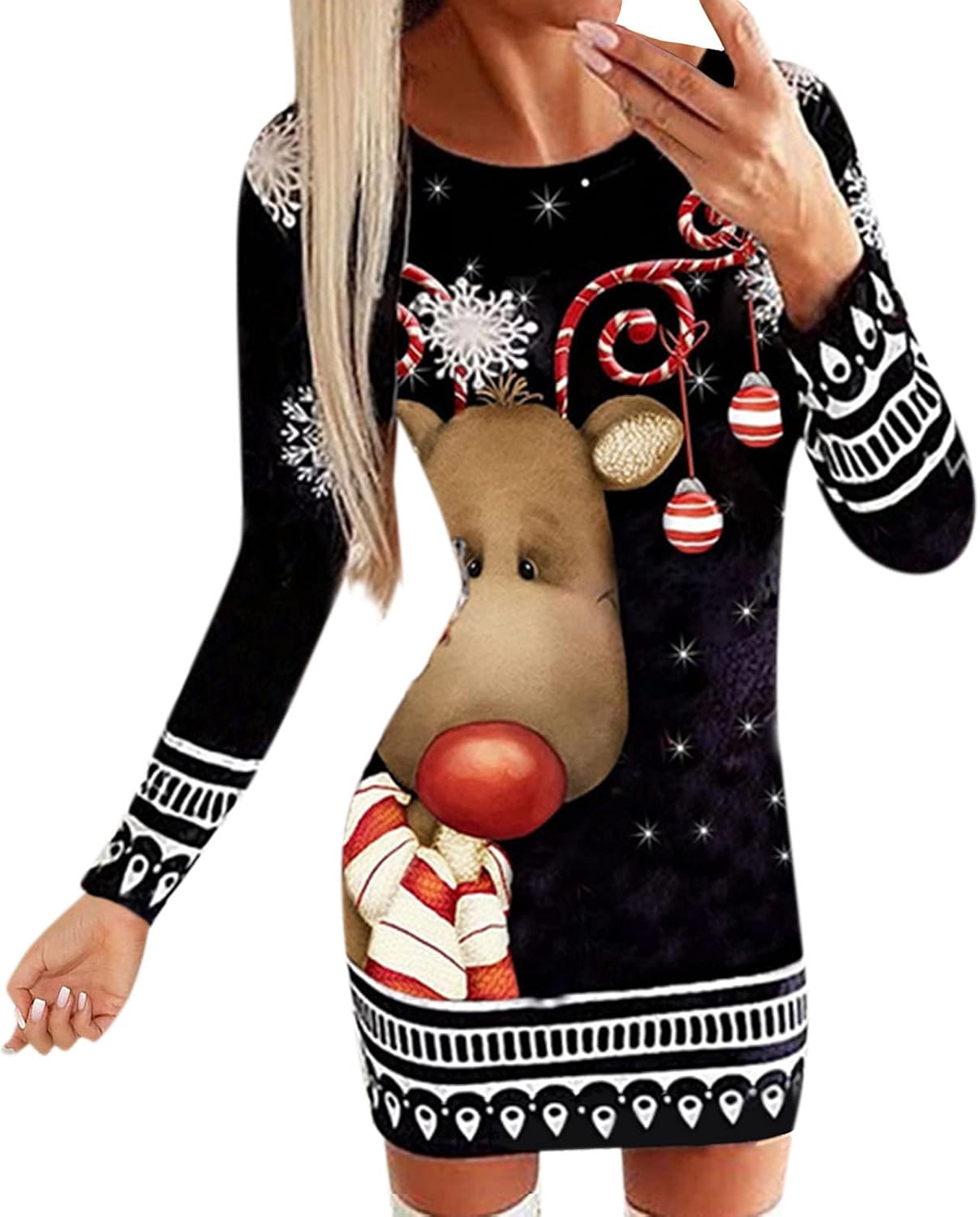 Weihnachtskleid Damen – Langarm Pulloverkleid Mit Lustigem Rentier-Motiv Für Weihnachtsfeiern