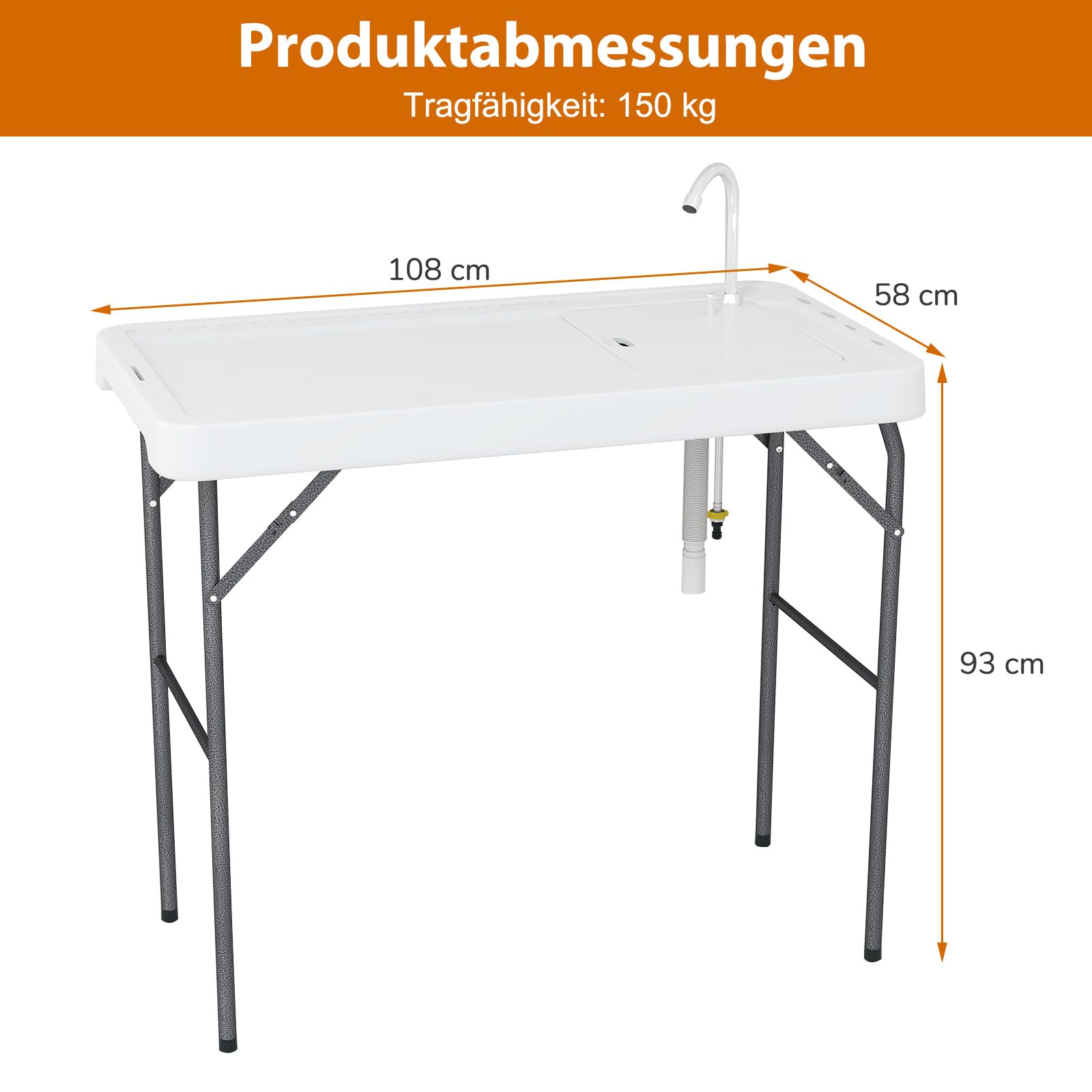 GYMAX Tragbarer Fischreinigungstisch, klappbarer Filetiertisch mit Messerschlitzen & Klapphahn & Messskala, Vorbereitungstisch aus hochwertigem HDPE für Angeln, Picknicks, Grillen