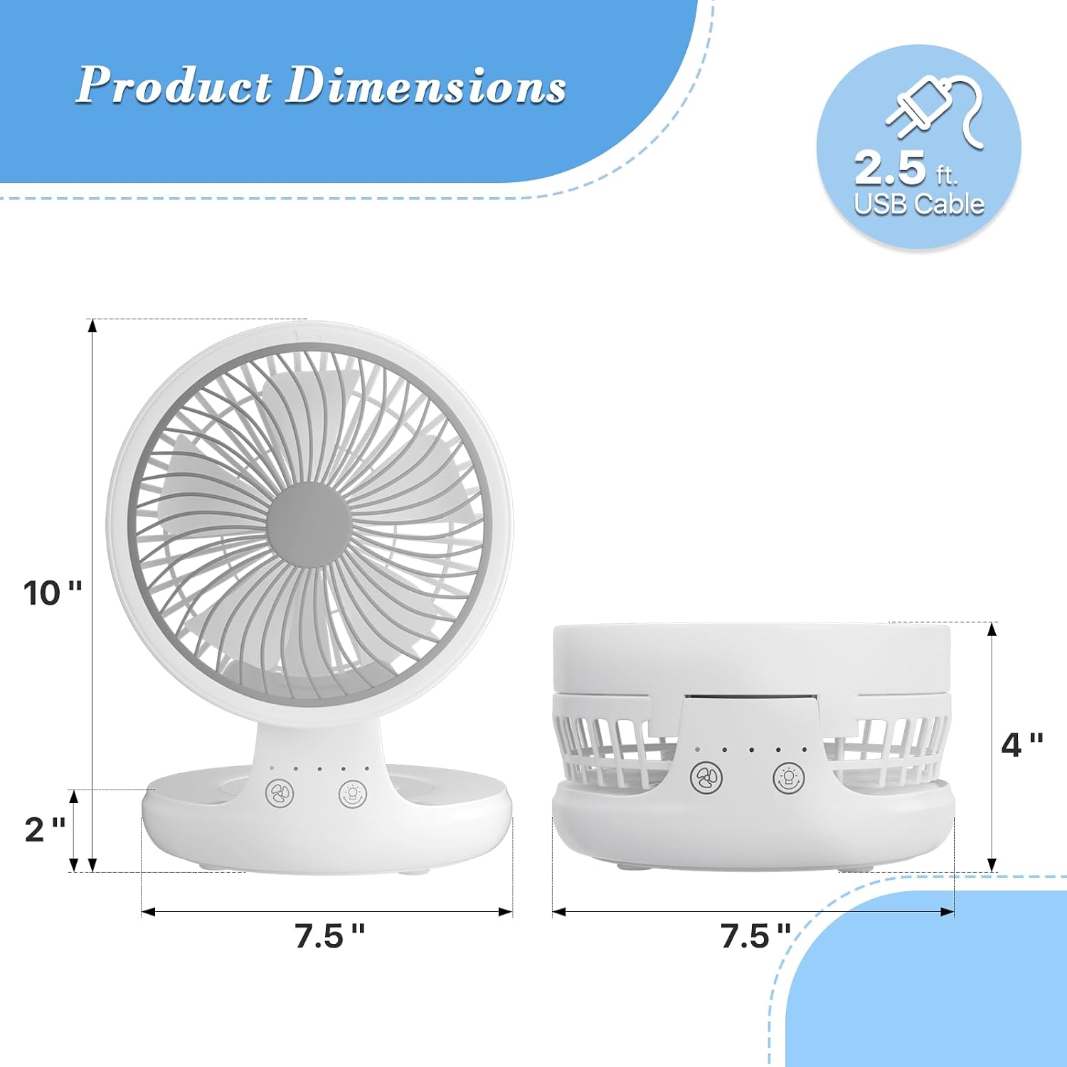 Athena Collection Small Portable Desk Fan, Personal Mini Table Fan USB Rechargeable 4000mAh with 4 Speeds 120° Oscillating 90° Tilt, Suitable for Tabletop Desktop Office Travel, White