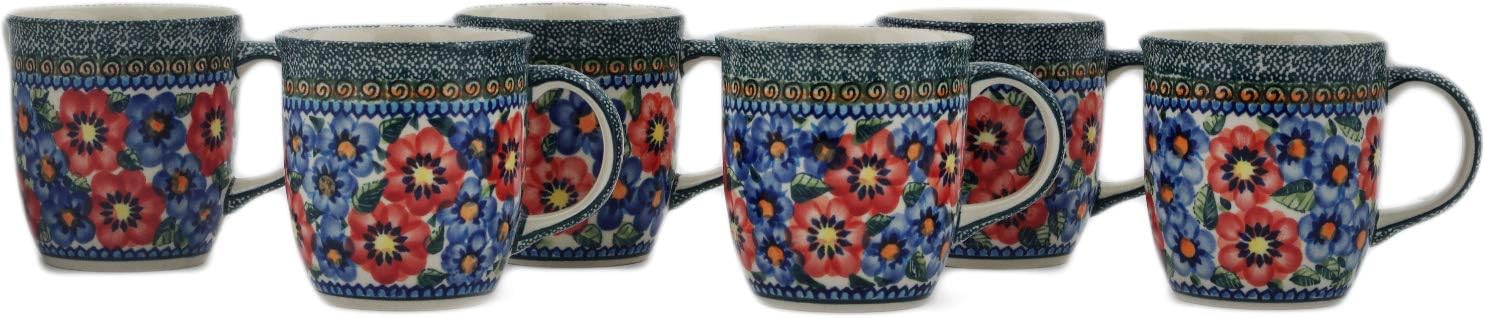 Polmedia Polish Pottery Set of Six 12oz Mugs 12 oz UNIKAT - Blue And Red Poppies Pattern Handmade in Boleslawiec Poland + Certificate of Authenticity