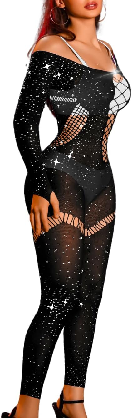 ChiaoLezhee Rhinestone Mesh Jumpsuit Fit 0-10, Womens Sexy Going Out Club, Exotic Wear Dancer Fishnet, Rave Outfits Bodysuit