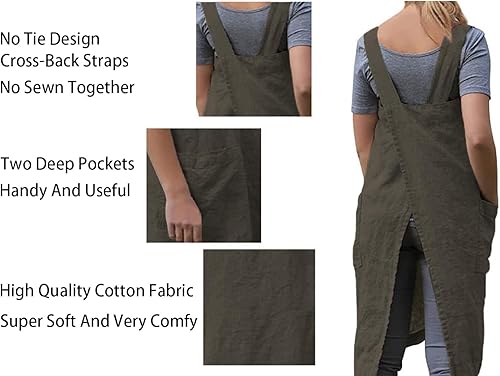 Miniatura 4 de Delantal Pinafore con espalda cruzada con bolsillos, delantal de lino y algodón, talla grande