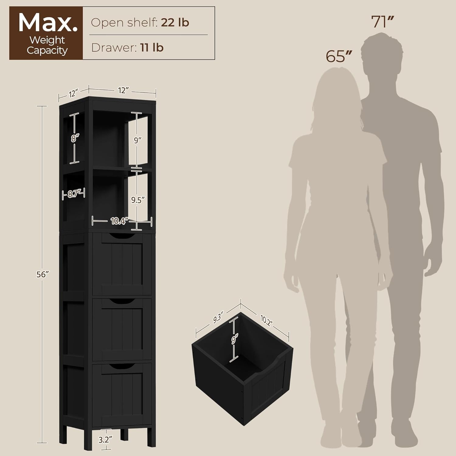 Yaheetech 56”H Bathroom Storage Cabinet, Narrow Freestanding Floor Cabinet with 3 Drawers & 2 Shelves, Tall Slim Bathroom Organization for Living Room/Hallway/Small Space,Black