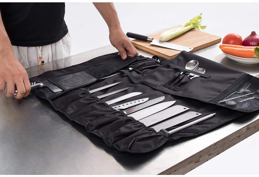 Borsa per coltelli da chef (17 slot), robusta e antivento, tasca per coltelli da cucina nera con spalla e maniglia, facile da trasportare